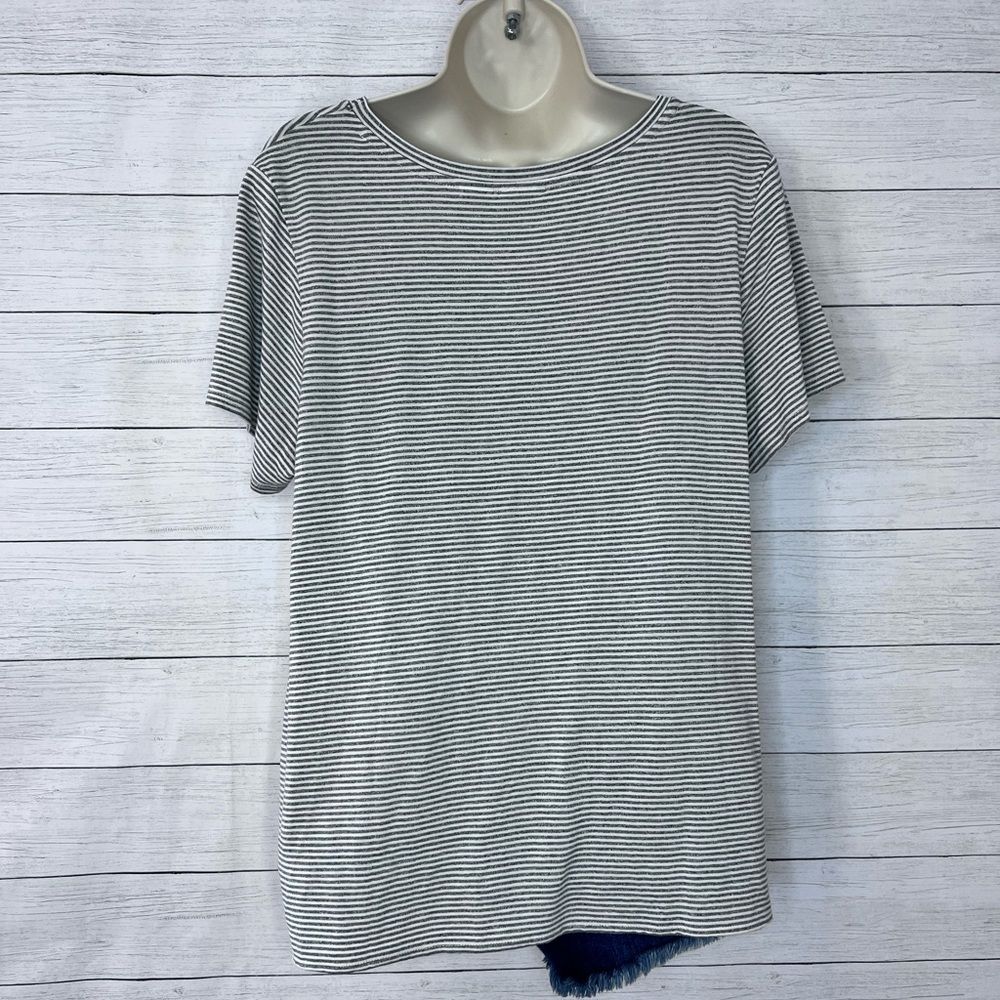 Max Studio Gray White Striped Scoop Neck Twist Front Short Sleeve Top Large 💗 - Picture 6 of 6